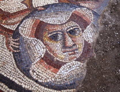 Theatre mask mosaic found in 2015 at Huqoq by Jodi Magness and her archaeological team. (Photo by Jim Haberman)