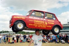 John Evans, 70, faces little competition in the 33 weight-bearing categories for which he repeatedly sets records. Honoured here for ‘heaviest car balanced on the head’ (a gutted 352 lb Mini for 33 seconds).